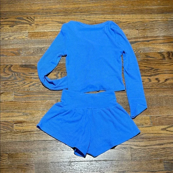 Blue Ribbed Button Cardigan & Shorts Set - Picture 6 of 7